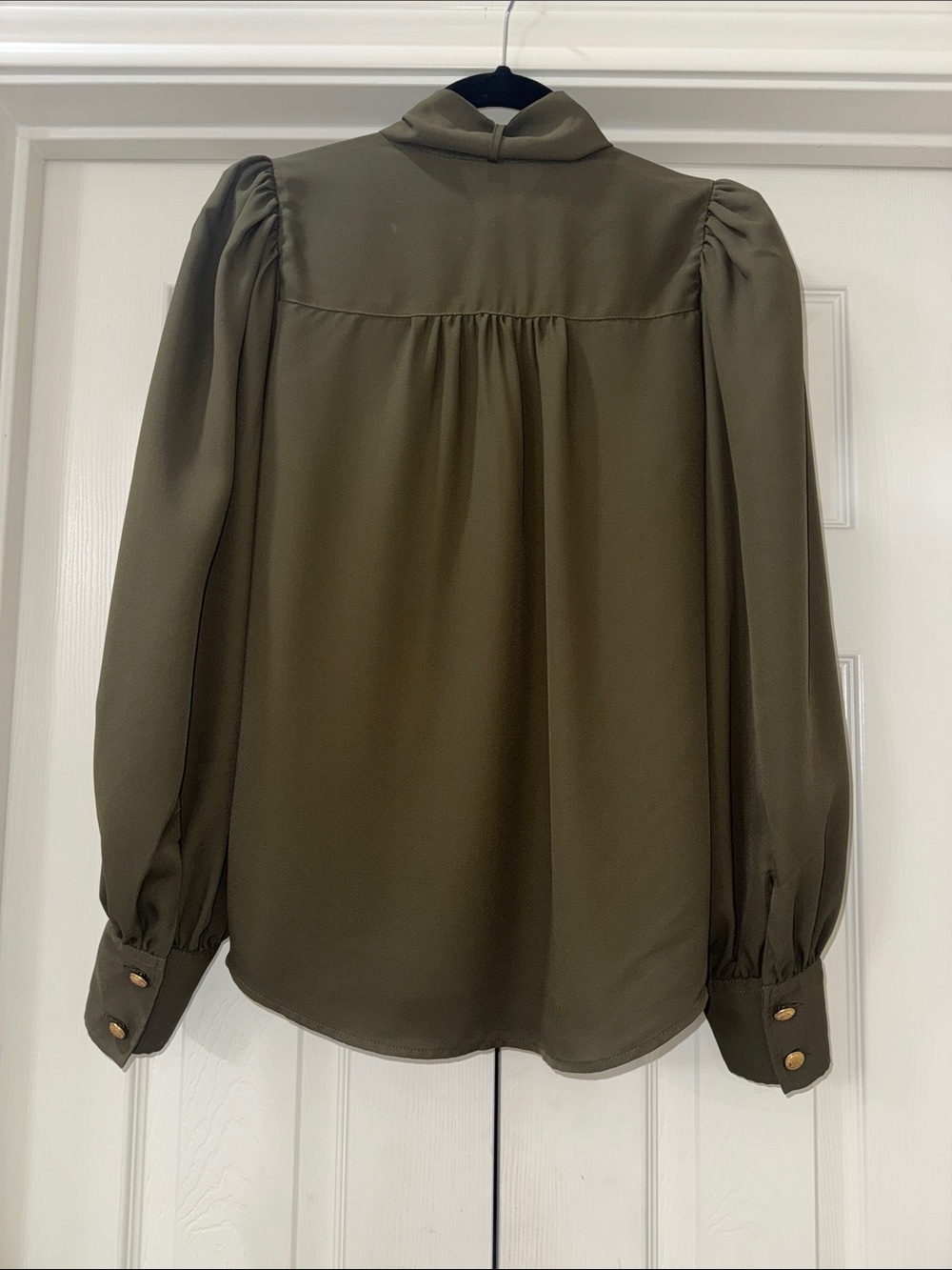 Express Olive Green Tie-Neck Blouse with Gold Buttons - Picture 2 of 5